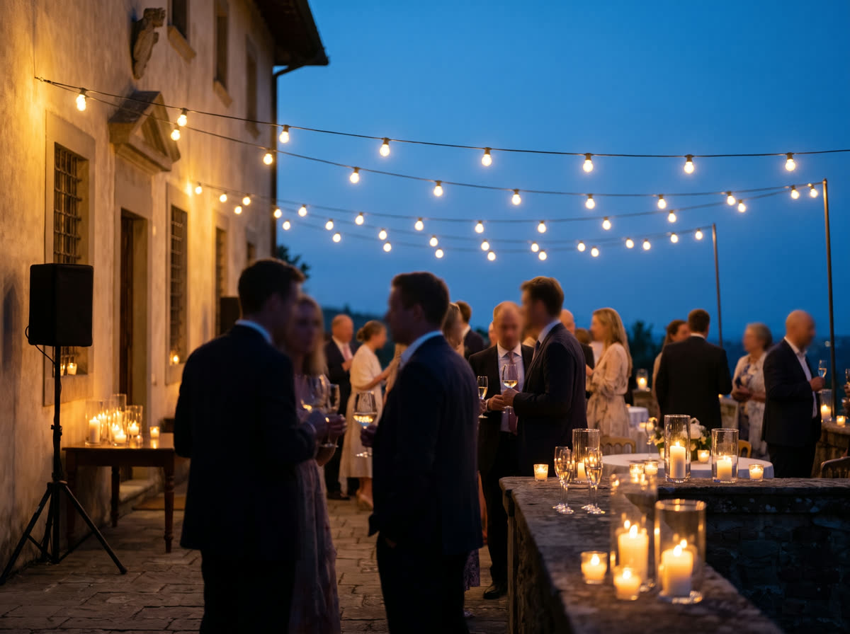 Candlelit wedding cocktail hour on a terrace under strings of warm lights