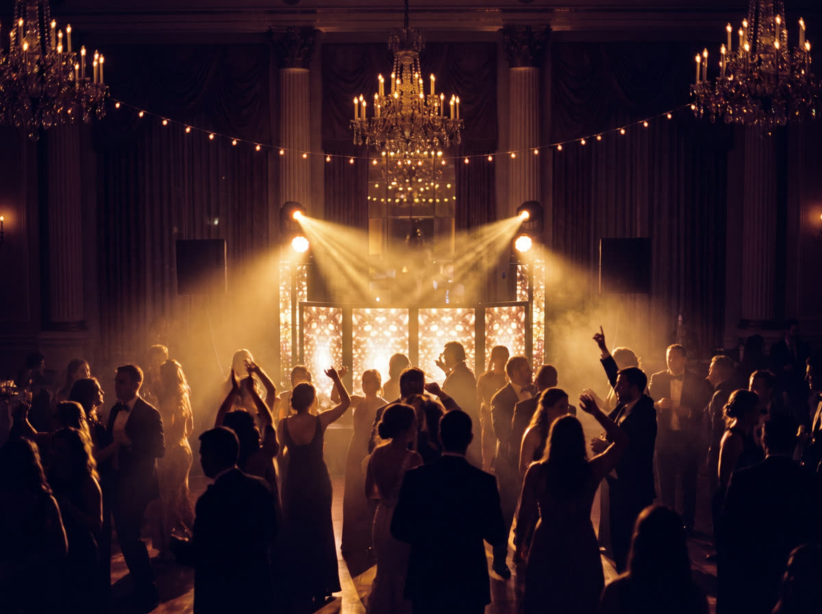 Glowing DJ booth beside a packed wedding dance floor in warm gold light